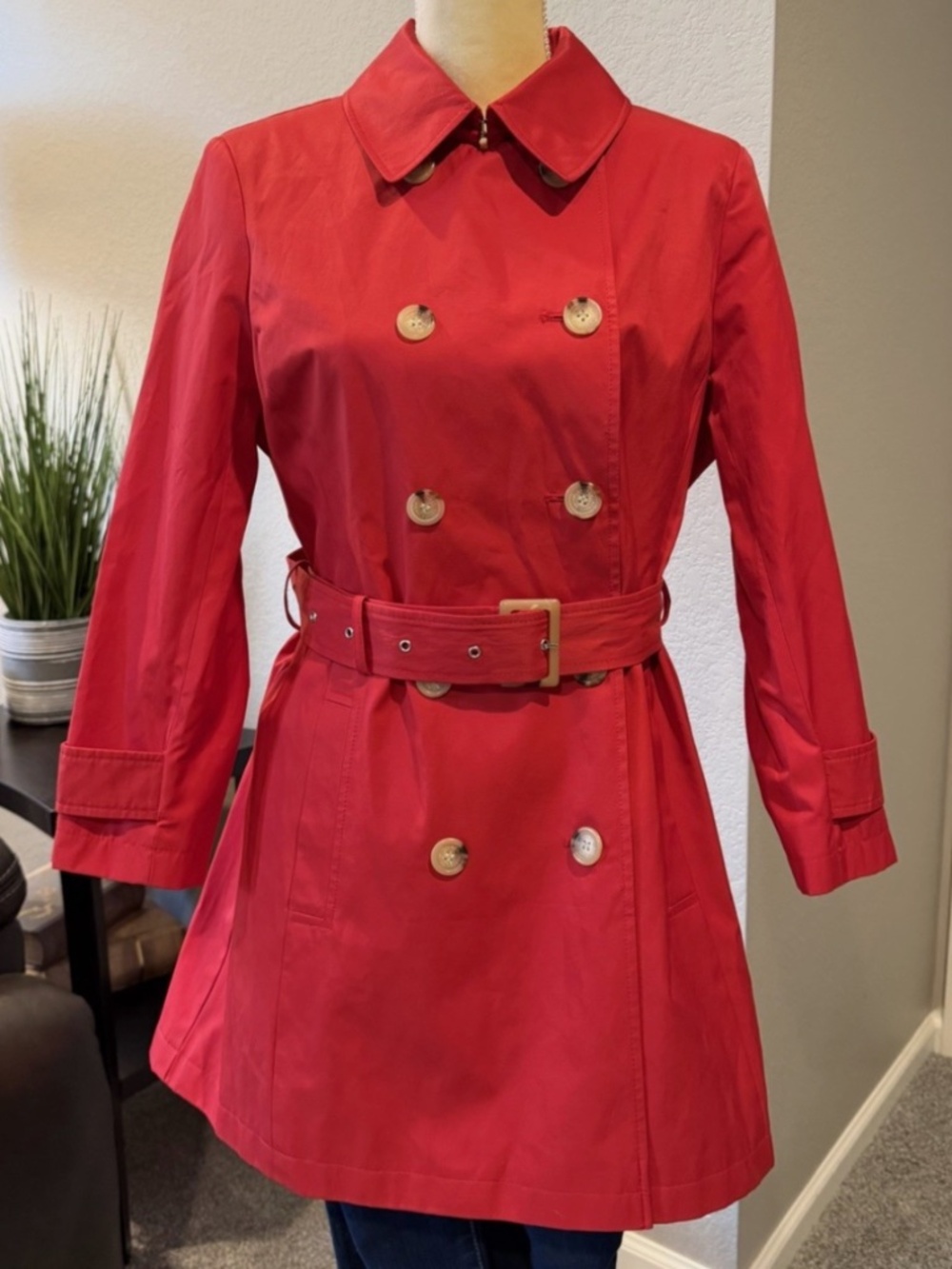 LAUREN RALPH LAUREN RED DOUBLE BREASTED TRENCH COAT WITH BELT LARGE NWOT